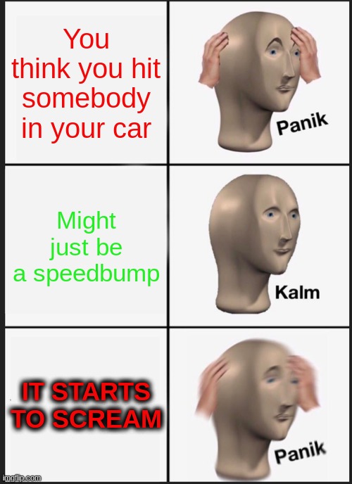 Panik Kalm Panik | You think you hit somebody in your car; Might just be a speedbump; IT STARTS TO SCREAM | image tagged in memes,panik kalm panik | made w/ Imgflip meme maker