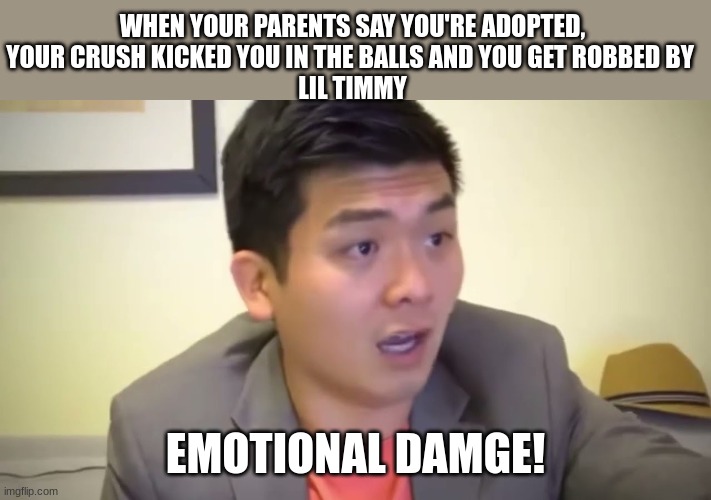 LOL | WHEN YOUR PARENTS SAY YOU'RE ADOPTED,
YOUR CRUSH KICKED YOU IN THE BALLS AND YOU GET ROBBED BY 
LIL TIMMY; EMOTIONAL DAMGE! | image tagged in emotional damage,relatable,broken heart,depression,balls | made w/ Imgflip meme maker
