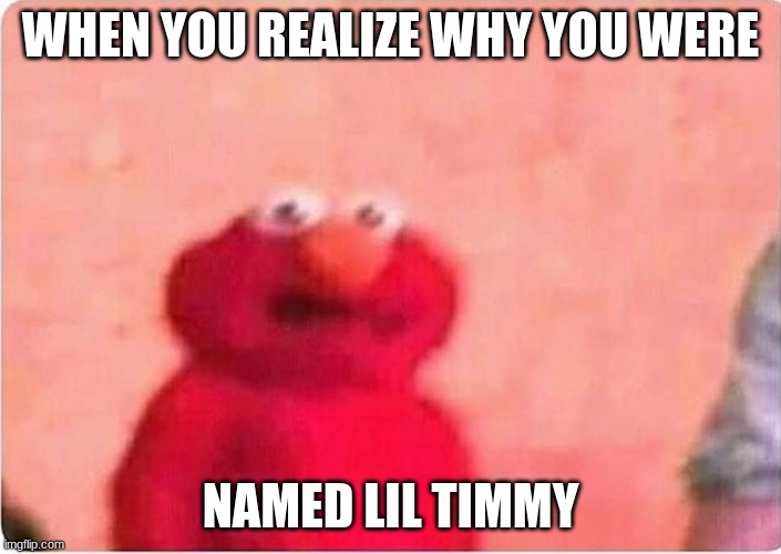 Sickened elmo |  WHEN YOU REALIZE WHY YOU WERE; NAMED LIL TIMMY | image tagged in sickened elmo,happy little trees,timmy,belt,wtf | made w/ Imgflip meme maker