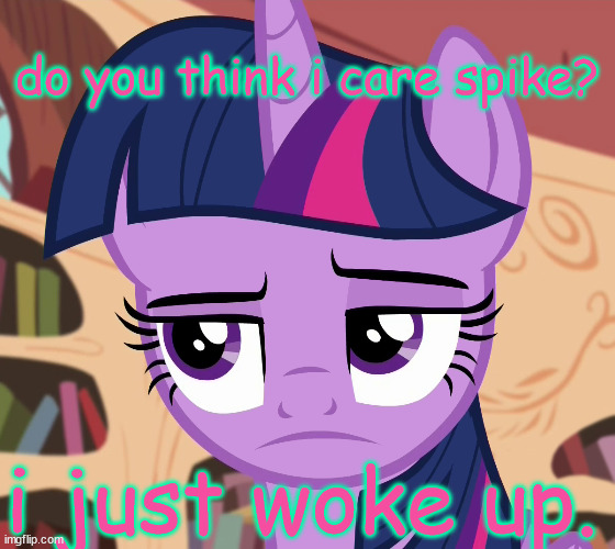 Unamused Twilight Sparkle (MLP) | do you think i care spike? i just woke up. | image tagged in unamused twilight sparkle mlp | made w/ Imgflip meme maker