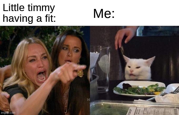 life is unfair... | Little timmy
having a fit:; Me: | image tagged in memes,woman yelling at cat,cats,timmy,funny | made w/ Imgflip meme maker