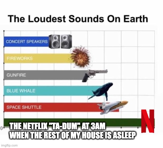 The Loudest Sounds on Earth | THE NETFLIX "TA-DUM" AT 3AM WHEN THE REST OF MY HOUSE IS ASLEEP | image tagged in the loudest sounds on earth | made w/ Imgflip meme maker