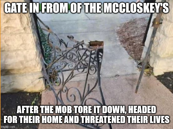 GATE IN FROM OF THE MCCLOSKEY'S AFTER THE MOB TORE IT DOWN, HEADED FOR THEIR HOME AND THREATENED THEIR LIVES | made w/ Imgflip meme maker