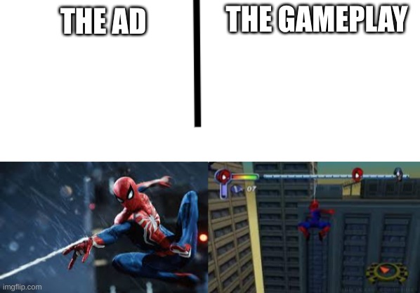suderman | THE GAMEPLAY; THE AD | image tagged in spiderman | made w/ Imgflip meme maker