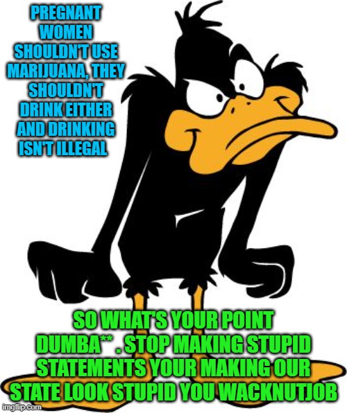 Daffy Duck Buzkill | PREGNANT WOMEN SHOULDN'T USE MARIJUANA, THEY SHOULDN'T DRINK EITHER AND DRINKING ISN'T ILLEGAL; SO WHAT'S YOUR POINT DUMBA** . STOP MAKING STUPID STATEMENTS YOUR MAKING OUR STATE LOOK STUPID YOU WACKNUTJOB | image tagged in daffy duck buzkill | made w/ Imgflip meme maker