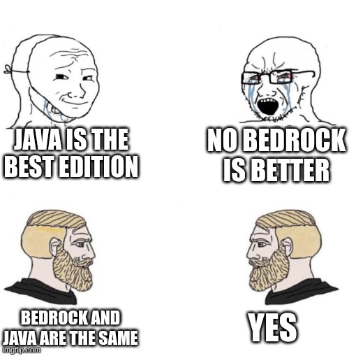 Which is better? | JAVA IS THE BEST EDITION; NO BEDROCK IS BETTER; YES; BEDROCK AND JAVA ARE THE SAME | image tagged in chad we know | made w/ Imgflip meme maker
