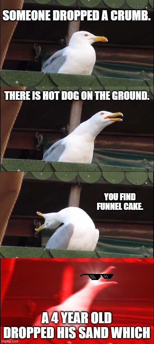 Inhaling Seagull | SOMEONE DROPPED A CRUMB. THERE IS HOT DOG ON THE GROUND. YOU FIND FUNNEL CAKE. A 4 YEAR OLD DROPPED HIS SAND WHICH | image tagged in memes,inhaling seagull | made w/ Imgflip meme maker