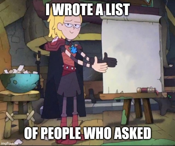 Amphibia charades | I WROTE A LIST; OF PEOPLE WHO ASKED | image tagged in amphibia charades | made w/ Imgflip meme maker
