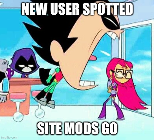 robin yelling at starfire | NEW USER SPOTTED SITE MODS GO | image tagged in robin yelling at starfire | made w/ Imgflip meme maker