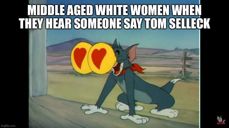 Person slander 1 | MIDDLE AGED WHITE WOMEN WHEN THEY HEAR SOMEONE SAY TOM SELLECK | image tagged in tom heart eyes | made w/ Imgflip meme maker