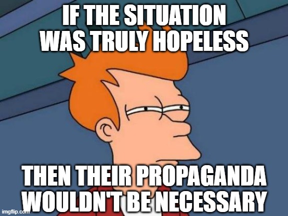 optimist | IF THE SITUATION WAS TRULY HOPELESS; THEN THEIR PROPAGANDA WOULDN'T BE NECESSARY | image tagged in memes,futurama fry | made w/ Imgflip meme maker