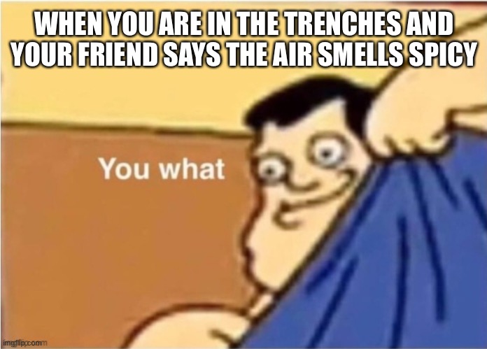 War slander 1 | WHEN YOU ARE IN THE TRENCHES AND YOUR FRIEND SAYS THE AIR SMELLS SPICY | image tagged in joe family guy | made w/ Imgflip meme maker