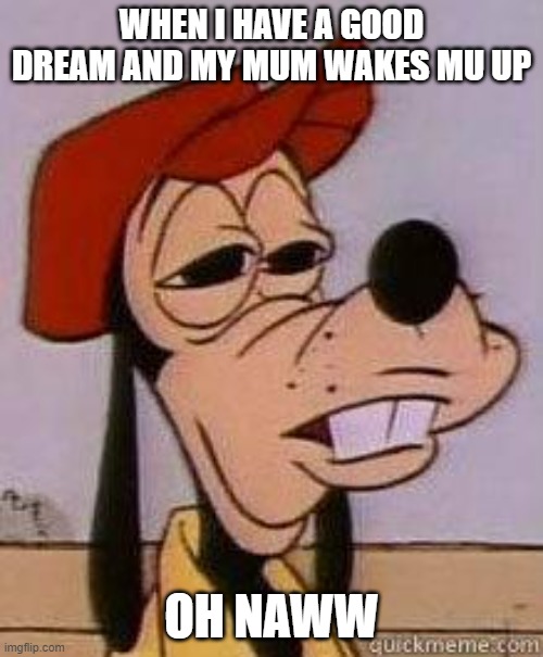 Stoned Goofy | WHEN I HAVE A GOOD DREAM AND MY MUM WAKES MU UP; OH NAWW | image tagged in stoned goofy | made w/ Imgflip meme maker