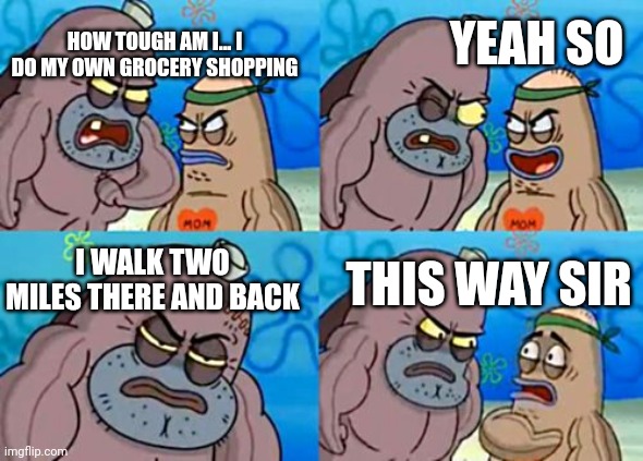 How Tough Are You Meme | HOW TOUGH AM I... I DO MY OWN GROCERY SHOPPING YEAH SO I WALK TWO MILES THERE AND BACK THIS WAY SIR | image tagged in memes,how tough are you | made w/ Imgflip meme maker