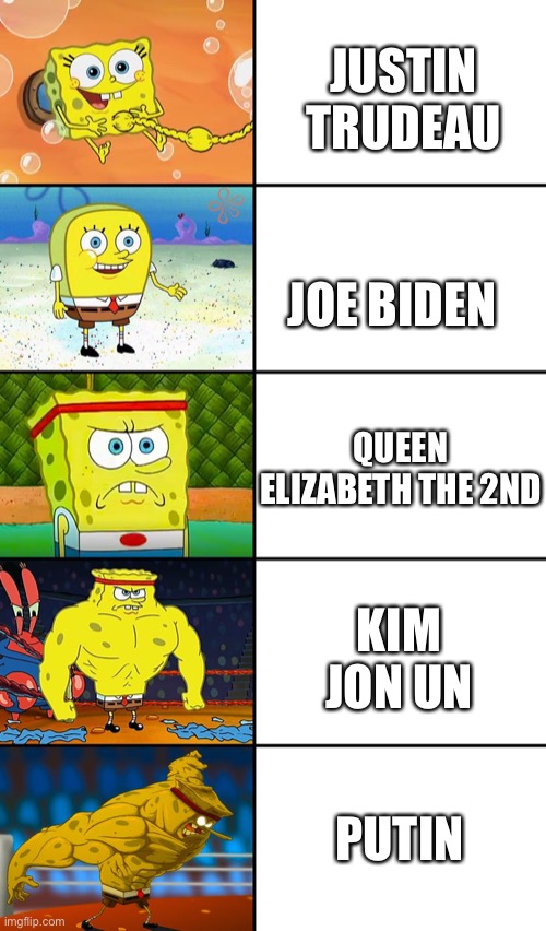 Spongebob Weak vs Tough 5 Panels | JUSTIN TRUDEAU; JOE BIDEN; QUEEN ELIZABETH THE 2ND; KIM JON UN; PUTIN | image tagged in spongebob weak vs tough 5 panels | made w/ Imgflip meme maker