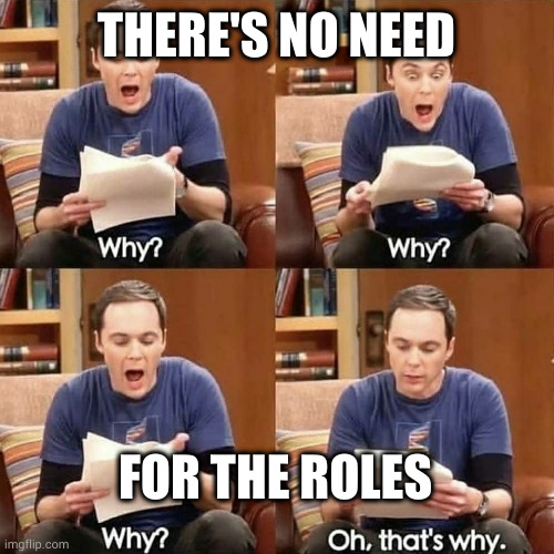 Role free partner dance | THERE'S NO NEED; FOR THE ROLES | image tagged in sheldon why | made w/ Imgflip meme maker