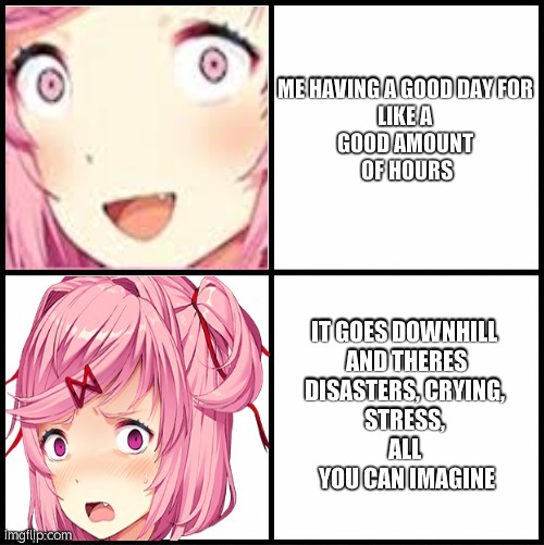 this happened yesterday | ME HAVING A GOOD DAY FOR 
LIKE A 
GOOD AMOUNT 
OF HOURS; IT GOES DOWNHILL 
AND THERES
DISASTERS, CRYING, 
STRESS, 
ALL 
YOU CAN IMAGINE | image tagged in natsuki,school | made w/ Imgflip meme maker