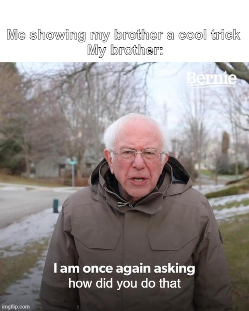 Bernie I Am Once Again Asking For Your Support Meme | Me showing my brother a cool trick 
My brother:; how did you do that | image tagged in memes,bernie i am once again asking for your support,siblings | made w/ Imgflip meme maker