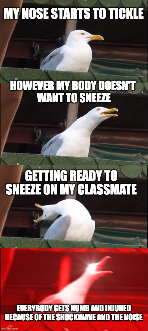 Sneezing be like | MY NOSE STARTS TO TICKLE; HOWEVER MY BODY DOESN'T 
WANT TO SNEEZE; GETTING READY TO SNEEZE ON MY CLASSMATE; EVERYBODY GETS NUMB AND INJURED BECAUSE OF THE SHOCKWAVE AND THE NOISE | image tagged in memes,inhaling seagull,sneeze | made w/ Imgflip meme maker