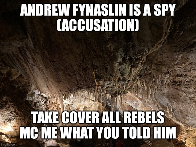 ANDREW FYNASLIN IS A SPY
(ACCUSATION); TAKE COVER ALL REBELS MC ME WHAT YOU TOLD HIM | image tagged in rebel | made w/ Imgflip meme maker