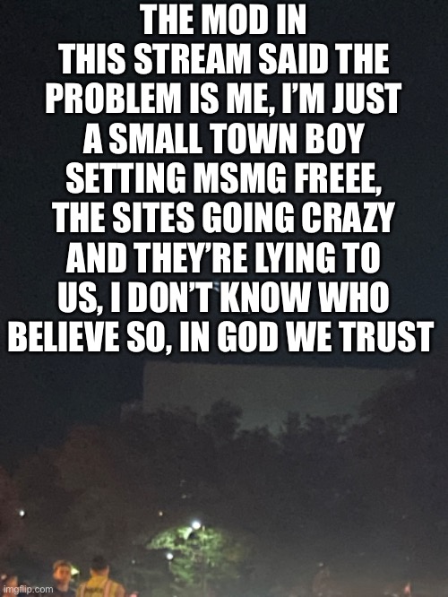 THE MOD IN THIS STREAM SAID THE PROBLEM IS ME, I’M JUST A SMALL TOWN BOY SETTING MSMG FREEE, THE SITES GOING CRAZY AND THEY’RE LYING TO US, I DON’T KNOW WHO BELIEVE SO, IN GOD WE TRUST | image tagged in rebel | made w/ Imgflip meme maker