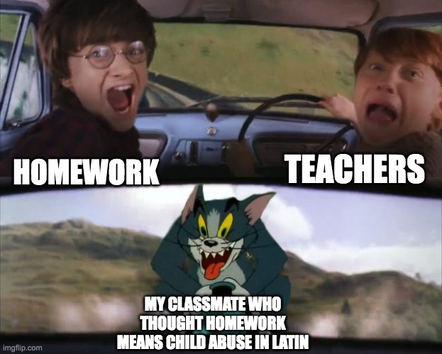 My classmate hates school. | TEACHERS; HOMEWORK; MY CLASSMATE WHO THOUGHT HOMEWORK MEANS CHILD ABUSE IN LATIN | image tagged in tom chasing harry and ron weasly | made w/ Imgflip meme maker