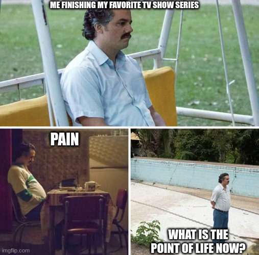 Sad Pablo Escobar | ME FINISHING MY FAVORITE TV SHOW SERIES; PAIN; WHAT IS THE POINT OF LIFE NOW? | image tagged in memes,sad pablo escobar | made w/ Imgflip meme maker