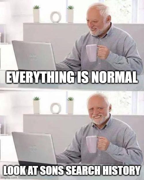 Hide the Pain Harold Meme | EVERYTHING IS NORMAL; LOOK AT SONS SEARCH HISTORY | image tagged in memes,hide the pain harold | made w/ Imgflip meme maker