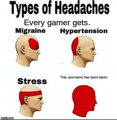 Types of Headaches meme | Every gamer gets. This username has been taken | image tagged in types of headaches meme | made w/ Imgflip meme maker