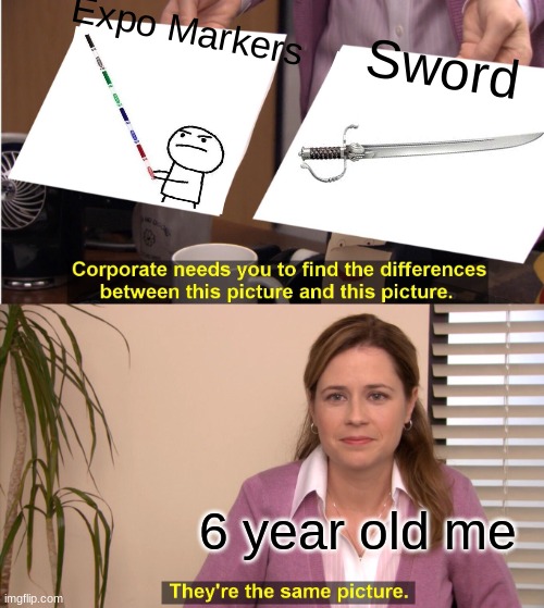 ye | Expo Markers; Sword; 6 year old me | image tagged in memes,they're the same picture | made w/ Imgflip meme maker