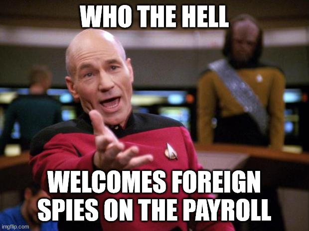 What could possibly go wrong? | WHO THE HELL; WELCOMES FOREIGN SPIES ON THE PAYROLL | image tagged in annoyed picard | made w/ Imgflip meme maker
