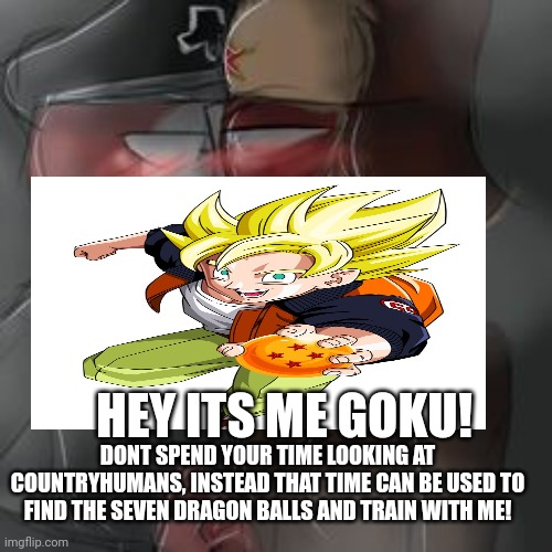 goku tells you a fun fact | DONT SPEND YOUR TIME LOOKING AT COUNTRYHUMANS, INSTEAD THAT TIME CAN BE USED TO FIND THE SEVEN DRAGON BALLS AND TRAIN WITH ME! HEY ITS ME GOKU! | image tagged in dragon ball z,countryhumans,memes,fun fact | made w/ Imgflip meme maker