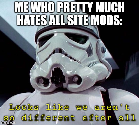 Stormtrooper | ME WHO PRETTY MUCH HATES ALL SITE MODS: Looks like we aren't so different after all | image tagged in stormtrooper | made w/ Imgflip meme maker
