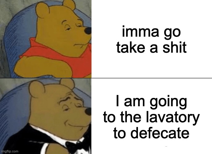 just yes | imma go take a shit; I am going to the lavatory to defecate | image tagged in memes,tuxedo winnie the pooh,yummy,yum,lol | made w/ Imgflip meme maker
