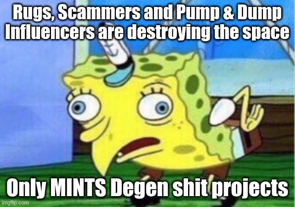 Mocking Spongebob Meme | Rugs, Scammers and Pump & Dump Influencers are destroying the space; Only MINTS Degen shit projects | image tagged in memes,mocking spongebob | made w/ Imgflip meme maker