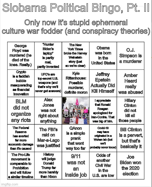 Slobama’s Political Bingo, Pt. II: Culture War Edition | Slobama Political Bingo, Pt. II; Only now it’s stupid ephemeral culture war fodder (and conspiracy theories); “Hunter Biden’s laptop” is partly real, partly invented; The New York Times broke the Harvey Weinstein story (just so we’re clear); Obama was born in the United States; George Floyd was murdered (he died of the knee. Really.); O.J. Simpson is a murderer; Kyle Rittenhouse: Possible murderer, definite moron; UFO’s are top-secret U.S. weapons (and that’s why we’ll never get answers); Crypto is a faddish bubble masquerading as financial innovation; Amber Heard really was abused; Jeffrey Epstein Actually Did Kill Himself; Hillary Clinton did not kill all those people; I appreciate that Ronald Reagan apologized for Iran-Contra. That was big of him. Alex Jones was not right about anything; BLM did not organize any riots; Free Britney; The Federal Reserve has averted far more economic damage than it’s caused; Covid-19 may have originated in a Wuhan lab (but we’ll probably never know); The FBI’s raid on Mar-a-Lago was justified; QAnon is a simple prank that went way too far; Bill Clinton is a pervert, but that’s basically it; History will judge Donald Trump far more harshly than Nixon; Odds of another Civil War in the U.S. are low; The Pro-Life movement is comparable to Prohibition and will follow a similar timeline; 9/11 was not an inside job; Joe Biden won the 2020 election | image tagged in blank bingo,s,l,o,t,h | made w/ Imgflip meme maker