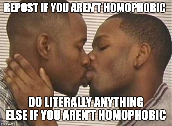 Two black men kissing | REPOST IF YOU AREN’T HOMOPHOBIC; DO LITERALLY ANYTHING ELSE IF YOU AREN’T HOMOPHOBIC | image tagged in two black men kissing | made w/ Imgflip meme maker