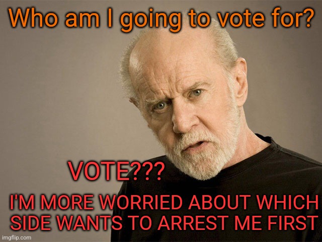 Just because you're paranoid doesn't mean they aren't after you. | Who am I going to vote for? VOTE??? I'M MORE WORRIED ABOUT WHICH SIDE WANTS TO ARREST ME FIRST | image tagged in george carlin,joseph heller,midterms,catch-22 | made w/ Imgflip meme maker
