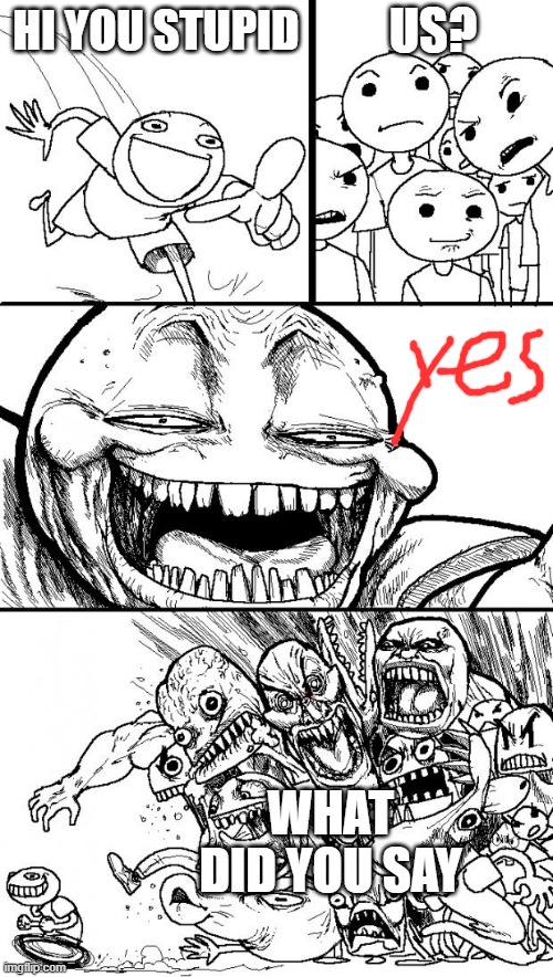 Hey Internet | US? HI YOU STUPID; WHAT DID YOU SAY | image tagged in memes,hey internet | made w/ Imgflip meme maker