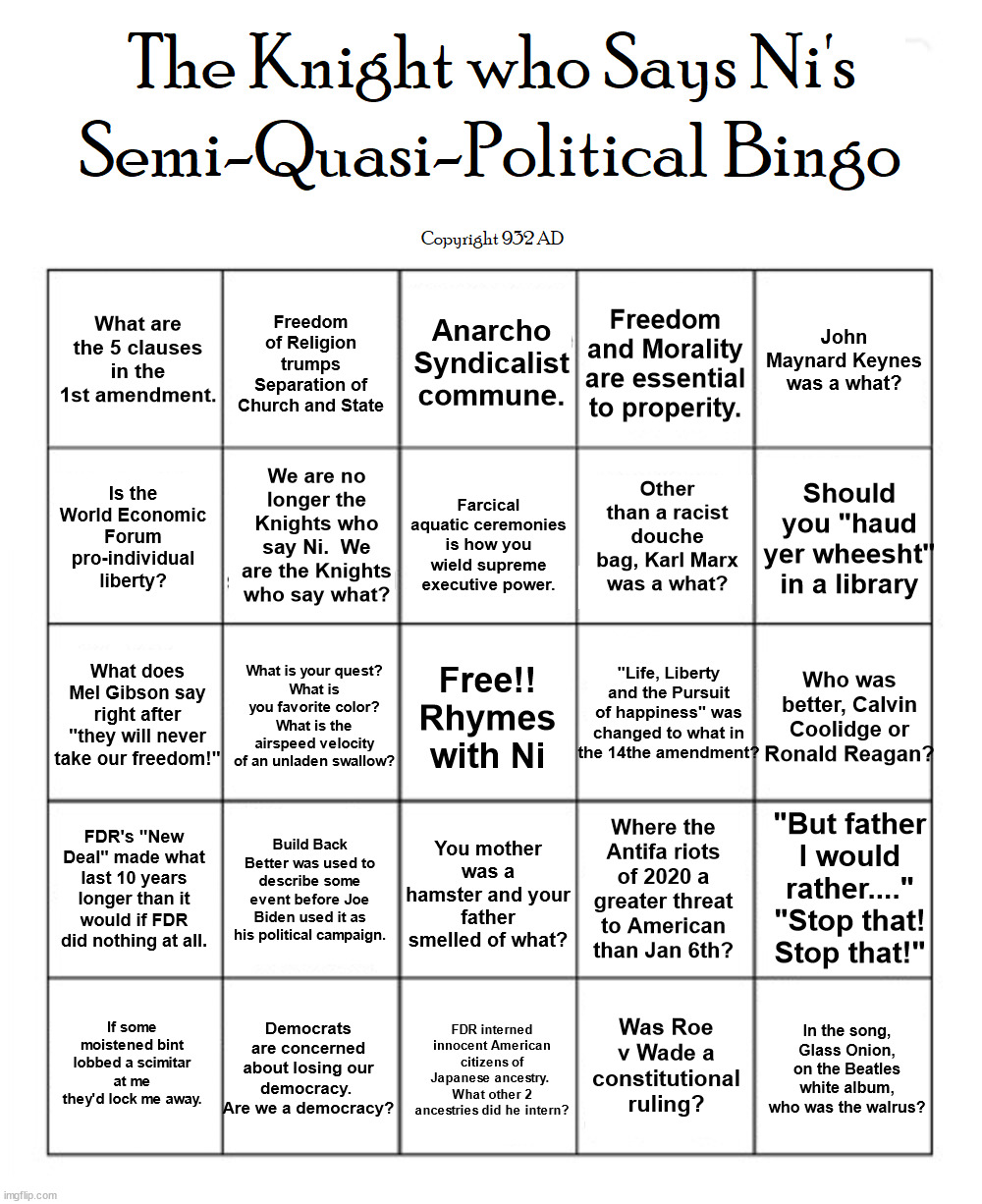 The Knight Who Says Ni demands nothing really.  Go on your way then. | What are the 5 clauses in the 1st amendment. Anarcho Syndicalist commune. Freedom and Morality are essential to properity. John Maynard Keynes was a what? Freedom of Religion trumps Separation of Church and State; Should you "haud yer wheesht" in a library; We are no longer the Knights who say Ni.  We are the Knights who say what? Farcical aquatic ceremonies is how you wield supreme executive power. Is the World Economic Forum pro-individual liberty? Other than a racist douche bag, Karl Marx was a what? "Life, Liberty and the Pursuit of happiness" was changed to what in the 14the amendment? What does Mel Gibson say right after "they will never take our freedom!"; Who was better, Calvin Coolidge or Ronald Reagan? What is your quest?
What is you favorite color?
What is the airspeed velocity of an unladen swallow? Free!!
Rhymes with Ni; Where the Antifa riots of 2020 a greater threat to American than Jan 6th? Build Back Better was used to describe some event before Joe Biden used it as his political campaign. You mother was a hamster and your father smelled of what? "But father I would rather...."
"Stop that! Stop that!"; FDR's "New Deal" made what last 10 years longer than it would if FDR did nothing at all. FDR interned innocent American citizens of Japanese ancestry.  What other 2 ancestries did he intern? If some moistened bint lobbed a scimitar at me they'd lock me away. Democrats are concerned about losing our democracy.  Are we a democracy? Was Roe v Wade a constitutional ruling? In the song, Glass Onion, on the Beatles white album, who was the walrus? | image tagged in ni,bingo,airspeed velocity of a swallow | made w/ Imgflip meme maker