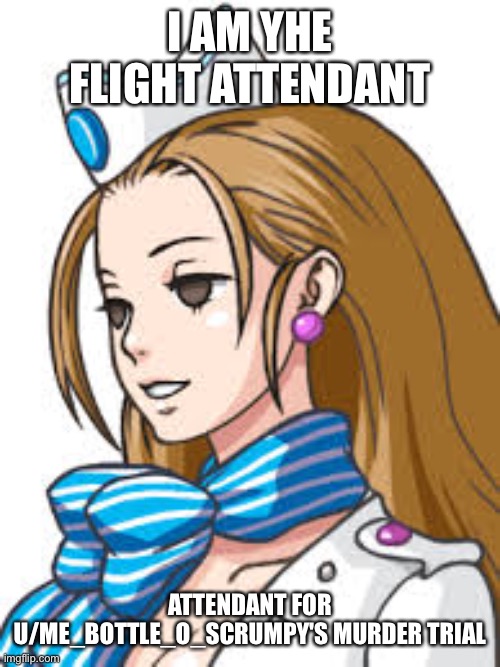 I AM YHE FLIGHT ATTENDANT; ATTENDANT FOR U/ME_BOTTLE_O_SCRUMPY'S MURDER TRIAL | image tagged in AceAttorneyCirclejerk | made w/ Imgflip meme maker