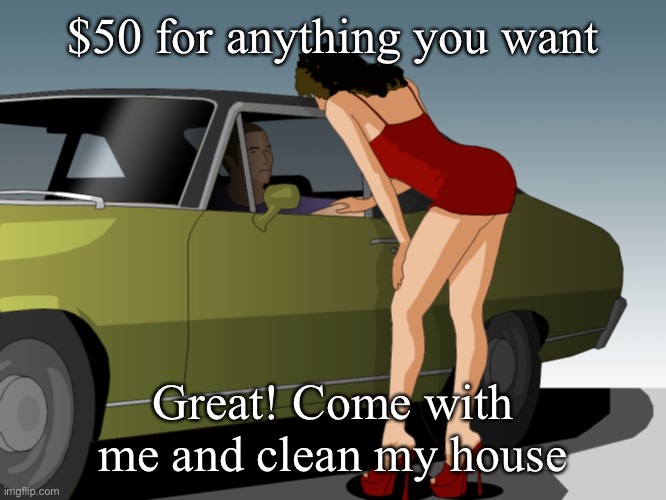 Housework | $50 for anything you want; Great! Come with me and clean my house | image tagged in 50 dollar anything you want,housewife,whore,values | made w/ Imgflip meme maker