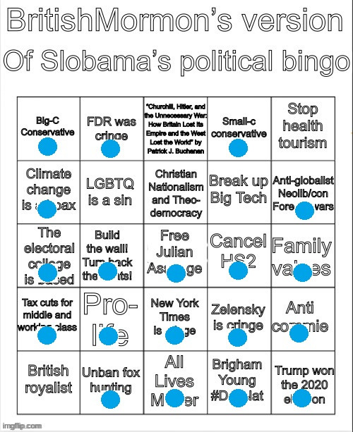 Here's my answers. | image tagged in britishmormon,bingo | made w/ Imgflip meme maker