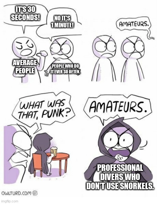 Amateurs | IT'S 30 SECONDS! NO IT'S 1 MINUTE! AVERAGE PEOPLE PEOPLE WHO DO IT EVER SO OFTEN. PROFESSIONAL DIVERS WHO DON'T USE SNORKELS. | image tagged in amateurs | made w/ Imgflip meme maker