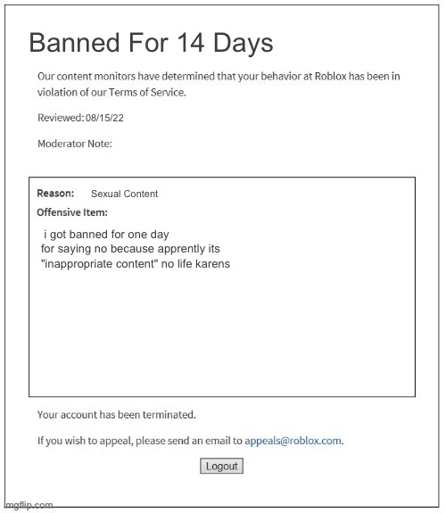moderation at its very best | Banned For 14 Days; 08/15/22; Sexual Content; i got banned for one day  for saying no because apprently its "inappropriate content" no life karens | image tagged in moderation system | made w/ Imgflip meme maker