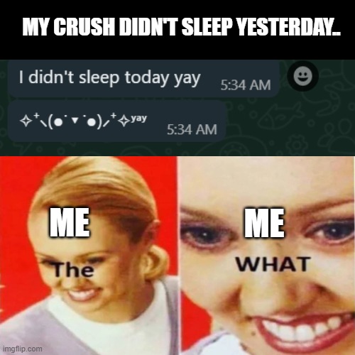 What the... | MY CRUSH DIDN'T SLEEP YESTERDAY.. ME; ME | image tagged in the what | made w/ Imgflip meme maker