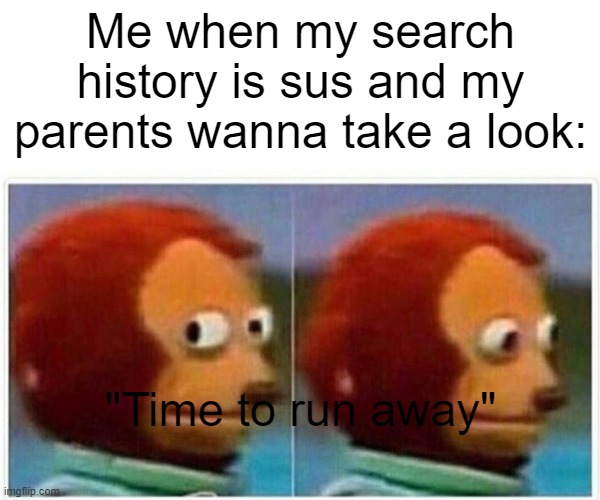 Monkey Puppet | Me when my search history is sus and my parents wanna take a look:; "Time to run away" | image tagged in memes,monkey puppet | made w/ Imgflip meme maker