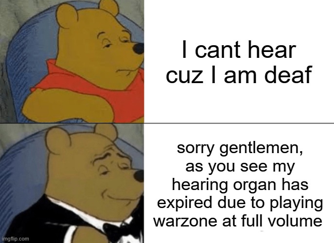 hmmm | I cant hear cuz I am deaf; sorry gentlemen, as you see my hearing organ has expired due to playing warzone at full volume | image tagged in memes,tuxedo winnie the pooh | made w/ Imgflip meme maker