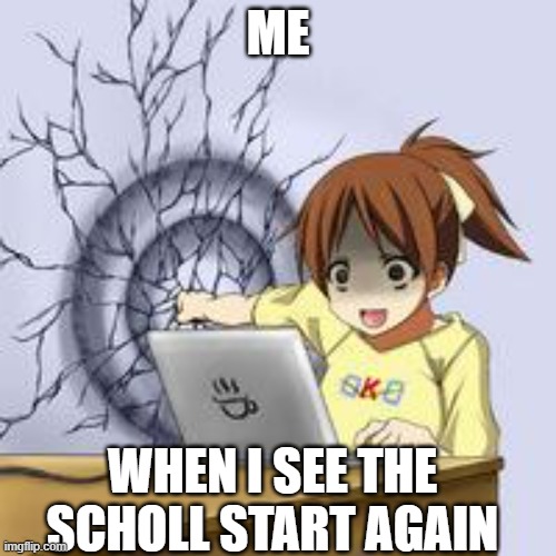 BRUH | ME; WHEN I SEE THE SCHOLL START AGAIN | image tagged in anime wall punch | made w/ Imgflip meme maker