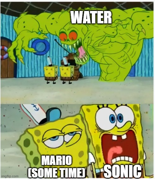 LOL | WATER; SONIC; MARIO (SOME TIME) | image tagged in spongebob squarepants scared but also not scared | made w/ Imgflip meme maker